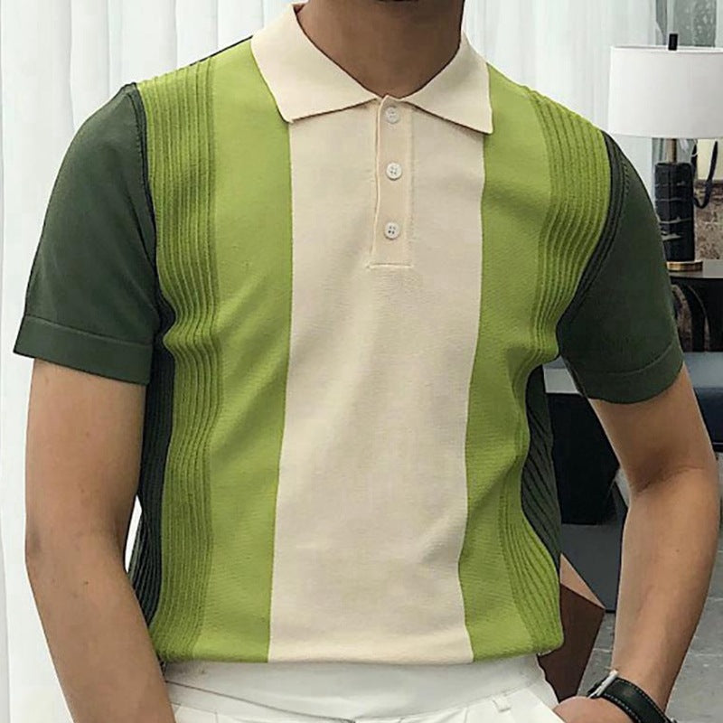 Men's Summer Green Striped Knit Polo Shirt SY0090