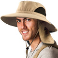 SUN CUBE Fishing Hat Sun Hat for Men Women Hiking Sun Hat with Neck Flap Wide Brim Chin Strap Safari Summer Bucket Boonie Hat UPF 50+ Outdoor Protection Packable Breathable Mesh (Tan)