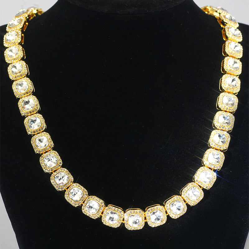 Men's Square Glass Cuban Link Necklace with Zirconium