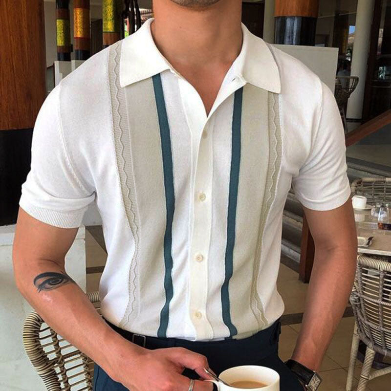 Summer Men's Knit Polo Shirt - Striped Casual Style