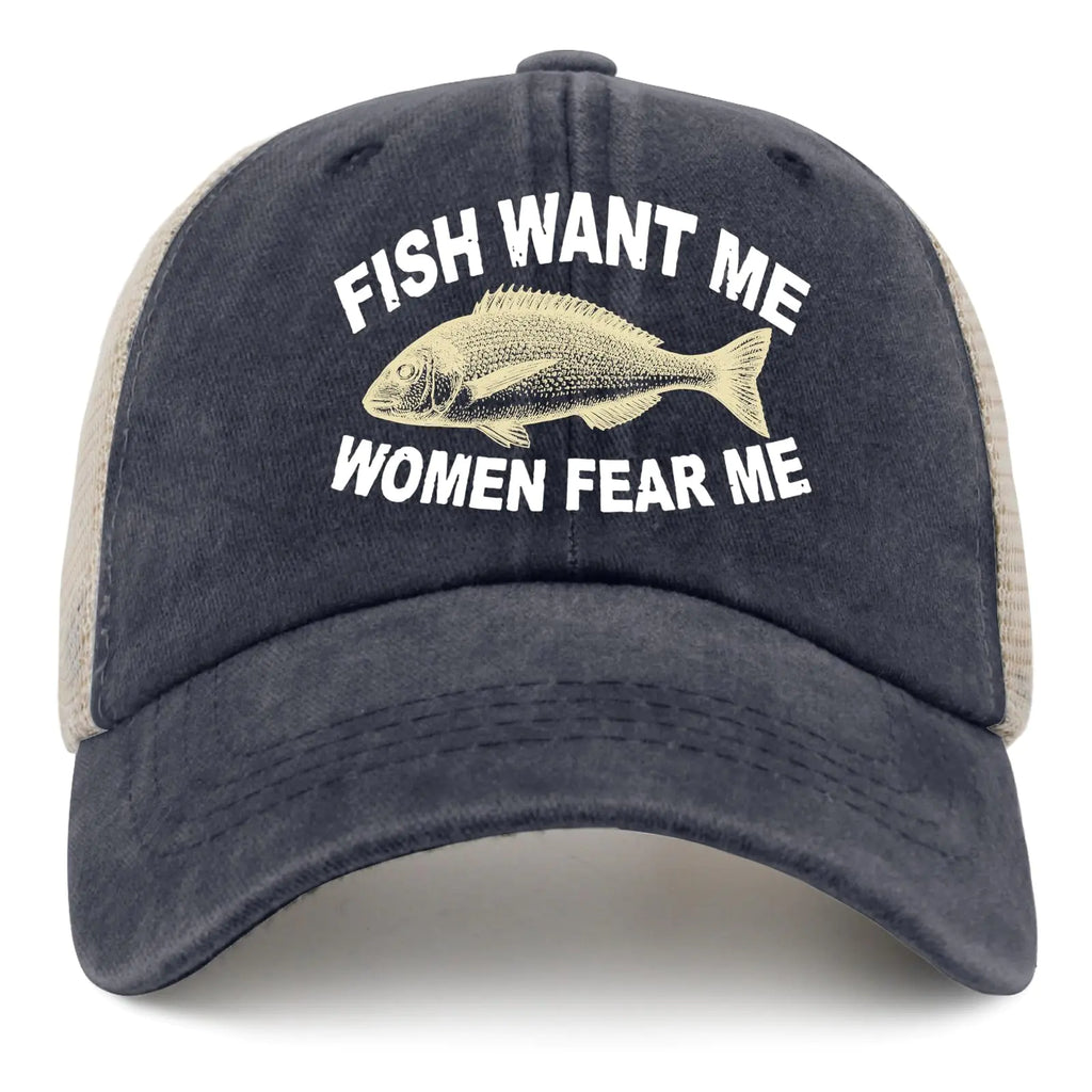 Fishing Hat Women Want Me Fishes Fear Me Trucker Hat Men Vintage Mesh Cap for Summer