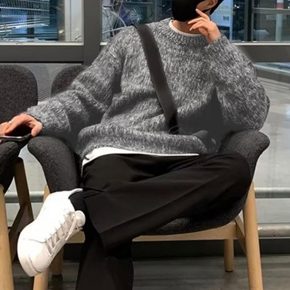 Thick Knitted Retro Round Neck Pullover Sweater for Men