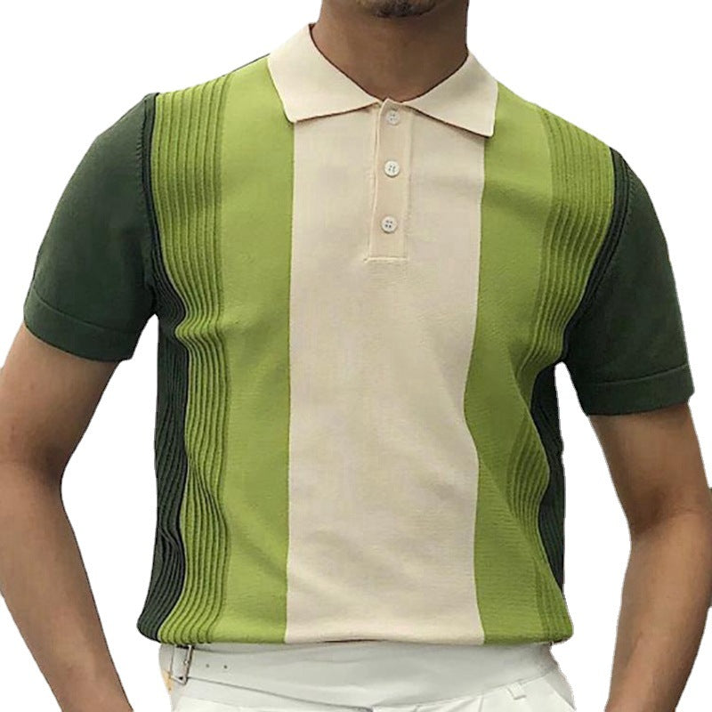 Men's Summer Green Striped Knit Polo Shirt SY0090