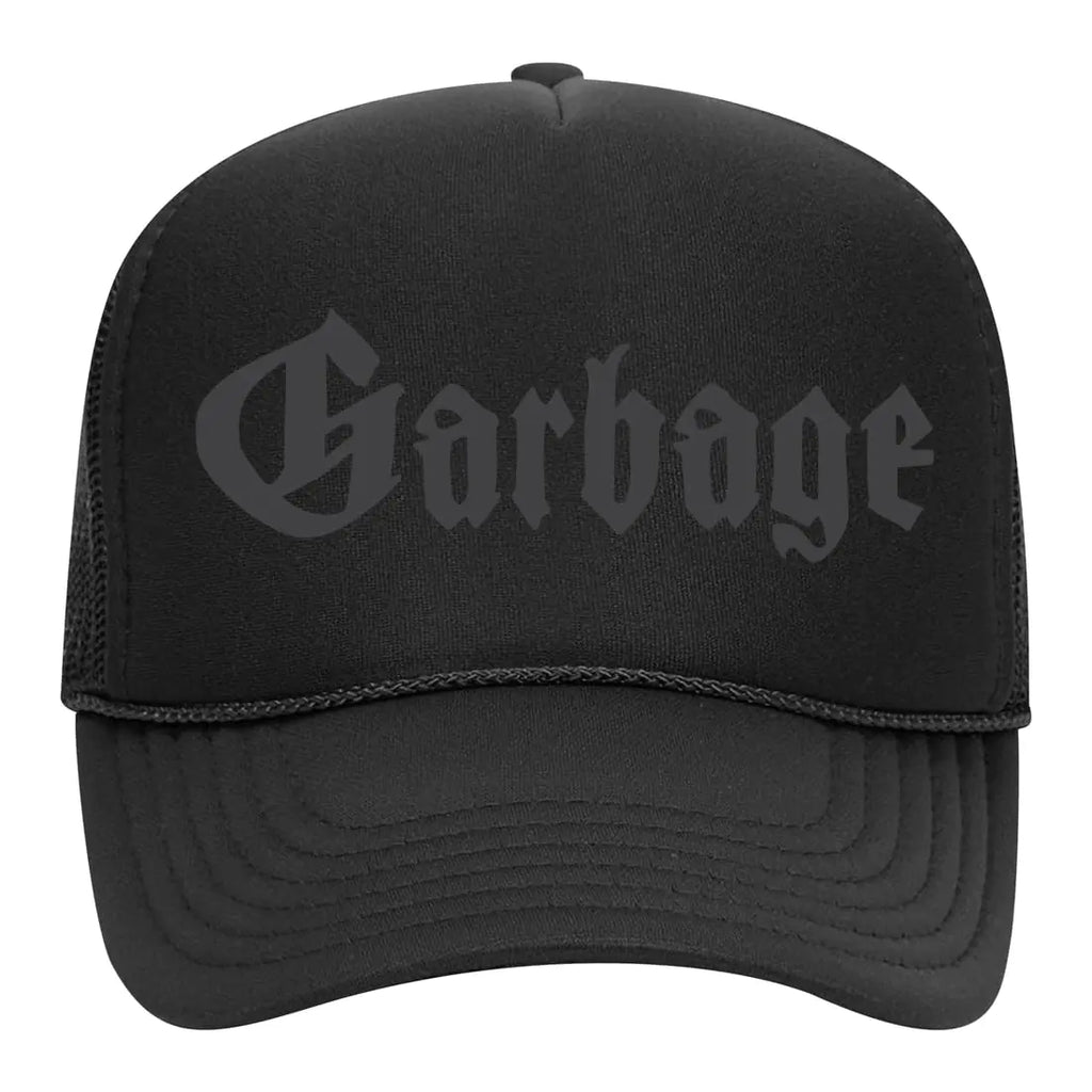 Garbage Gothic Font Dark MAGA Logo | Donald Trump Elon GOP Republican Butler PA Rally Quote 2024 USA Free Speech Gift for Republican Political Foam Mesh Back Trucker Hat for Men and Women Black