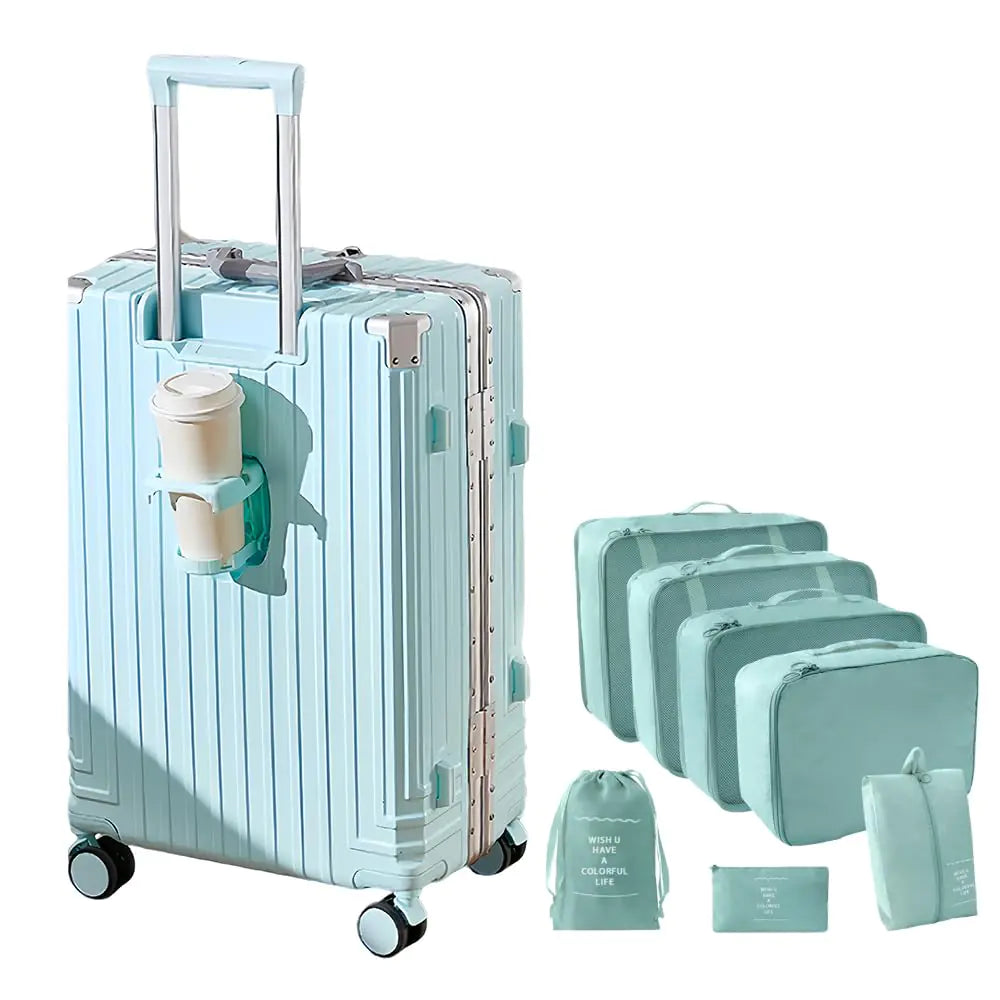 Aluminum Frame Carry-on Luggage Hardside Carry-on Suitcase Zipperless Suitcase Spinner Luggage with Cup Holder and TSA Locks (Blue + Organizer Bags Carry-On 20-Inch)